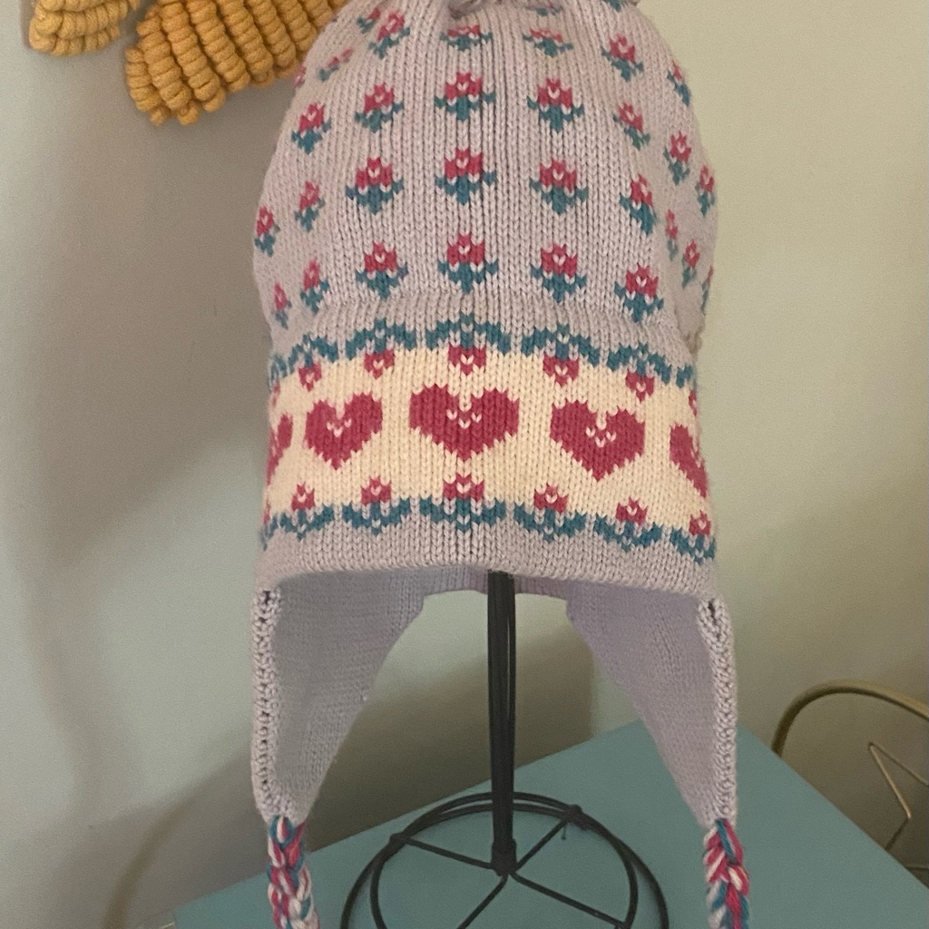 Vintage Mountain Ladies & Ewe Wool Pink Blue Knit Ski Hat Cap One Size Tassels